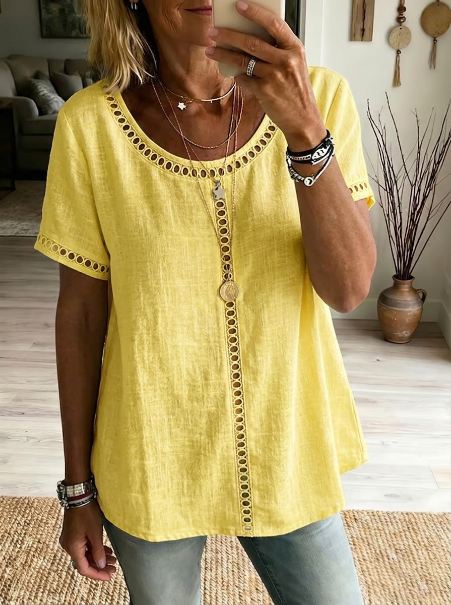 Women's Linen Blend Patchwork Top – Openwork Casual Summer Blouse