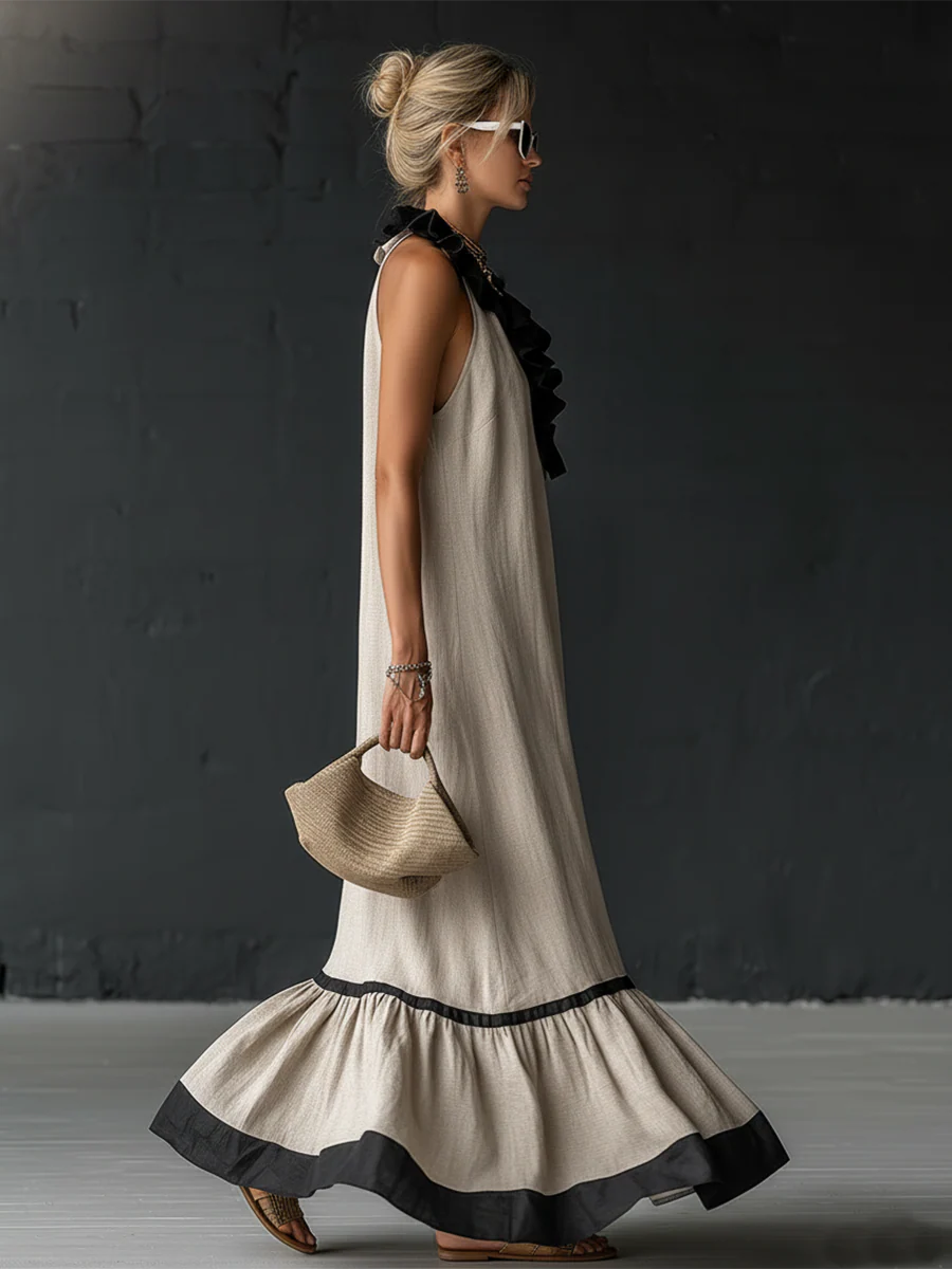Women's Ruffled Color Block Maxi Dress – Romantic Flowy Summer Dress