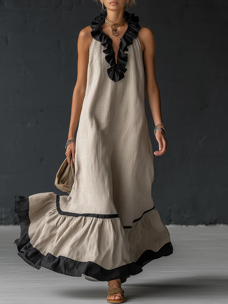 Women's Ruffled Color Block Maxi Dress – Romantic Flowy Summer Dress