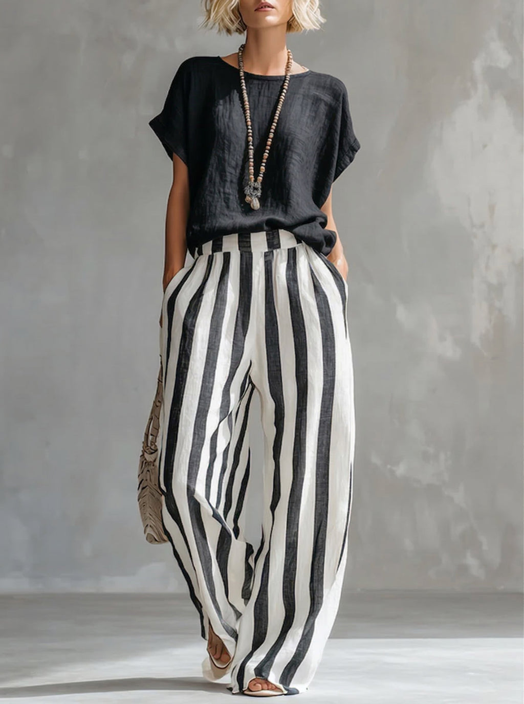Women's Striped Cotton Linen Two-Piece Set – Loose Fit Lounge Outfit