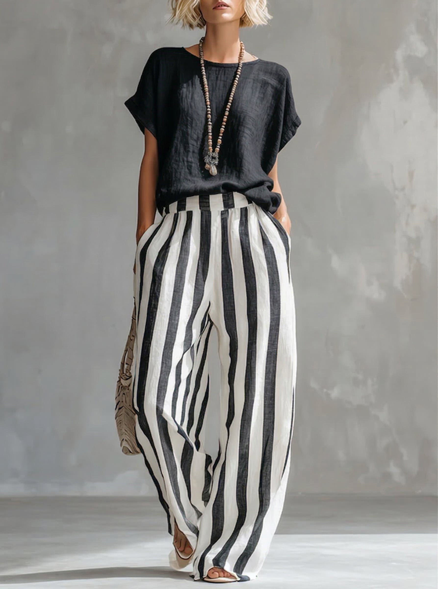 Women's Striped Cotton Linen Two-Piece Set – Loose Fit Lounge Outfit