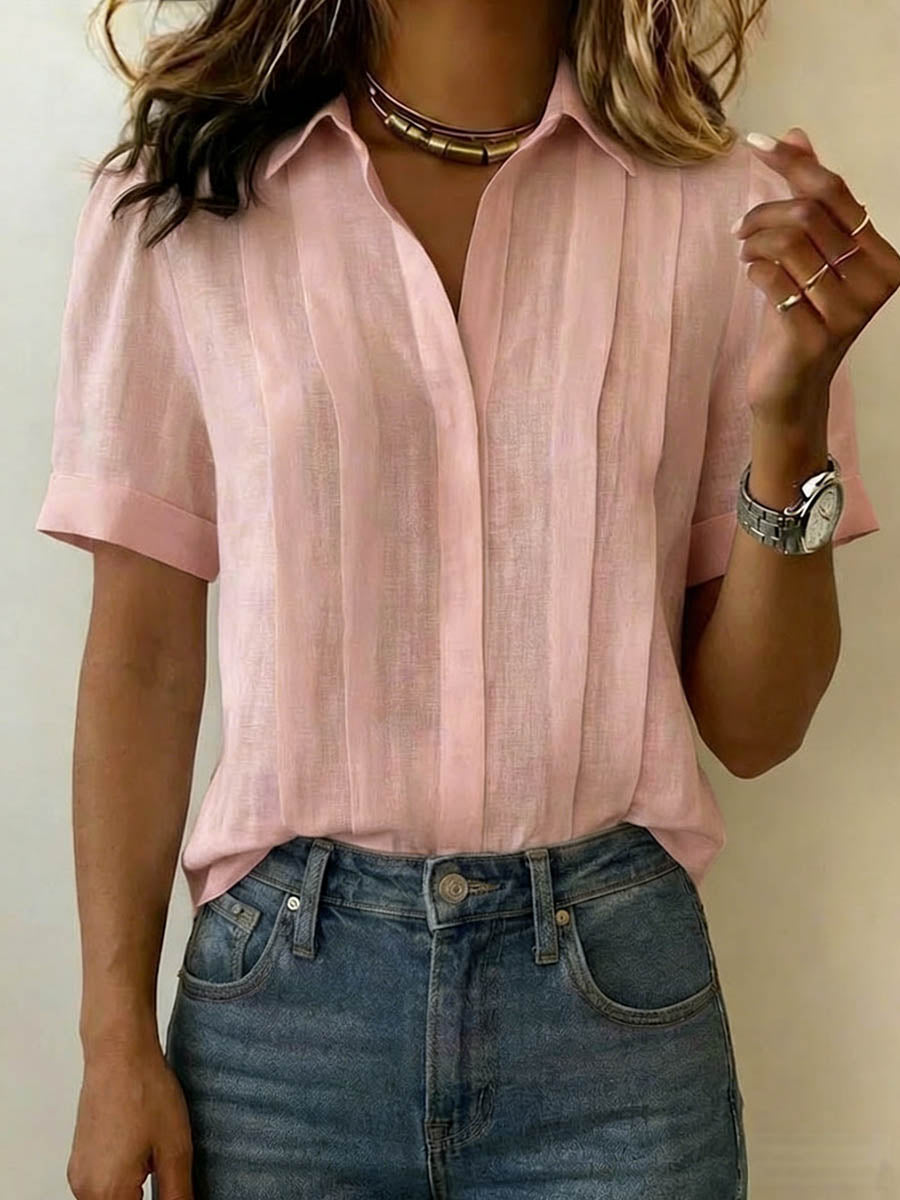Women's Cotton Linen Lapel Shirt – Loose Pleated Short Sleeve Summer Blouse
