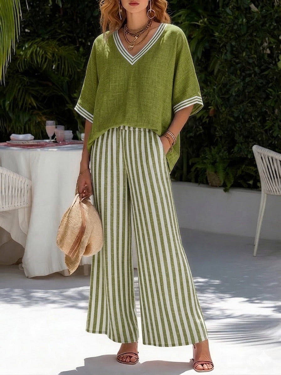 Women's Striped Linen Blend Two-Piece Set – Patchwork Top and Relaxed Trousers