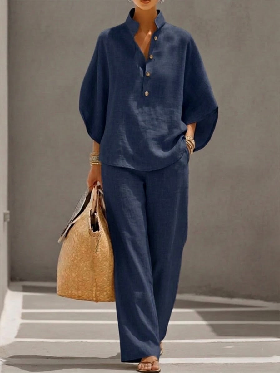 Women's Batwing Sleeve Linen Blend Two-Piece Set – Relaxed Shirt and Trousers Outfit