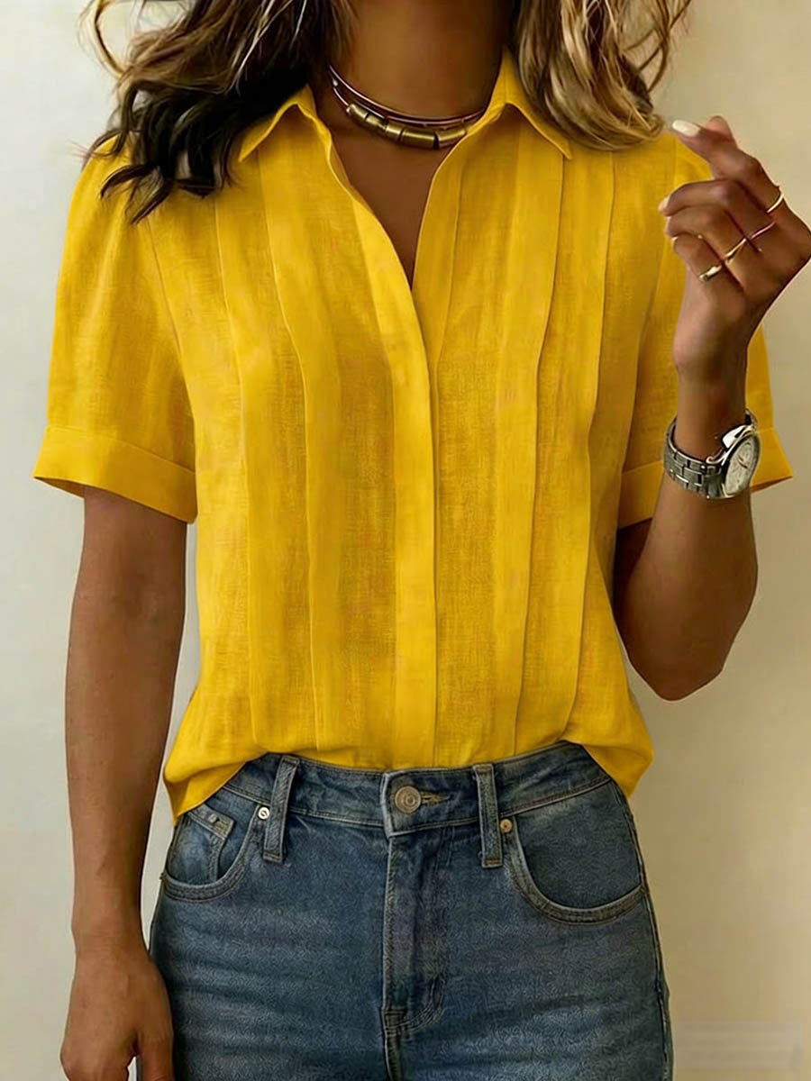 Women's Cotton Linen Lapel Shirt – Loose Pleated Short Sleeve Summer Blouse