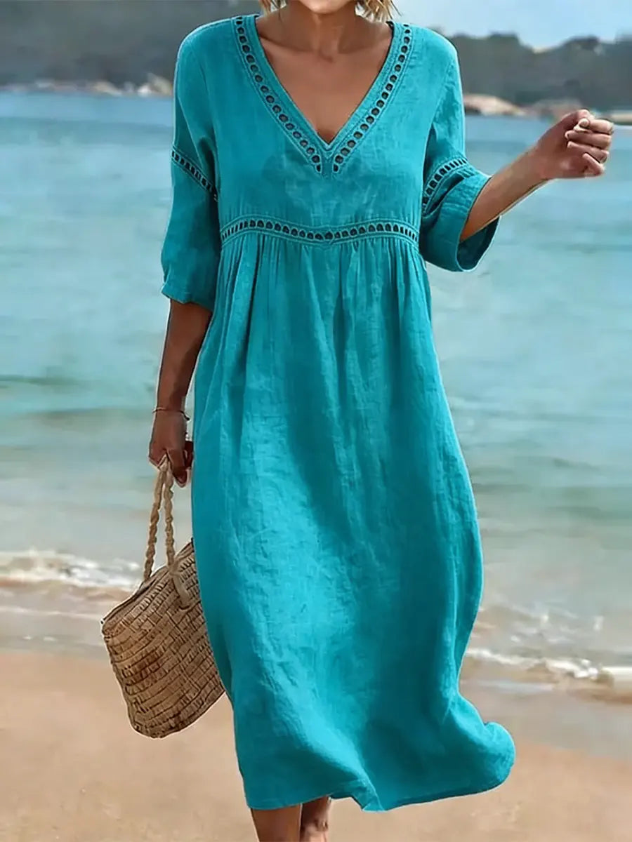 Women's Retro Casual Cotton Dress – Stylish Solid Color Vacation Dress