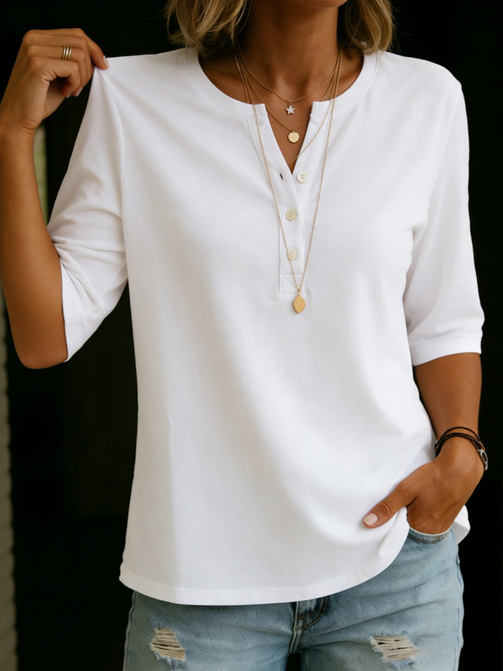 Women's Henley T-Shirt – 100% Cotton Casual Short Sleeve Top