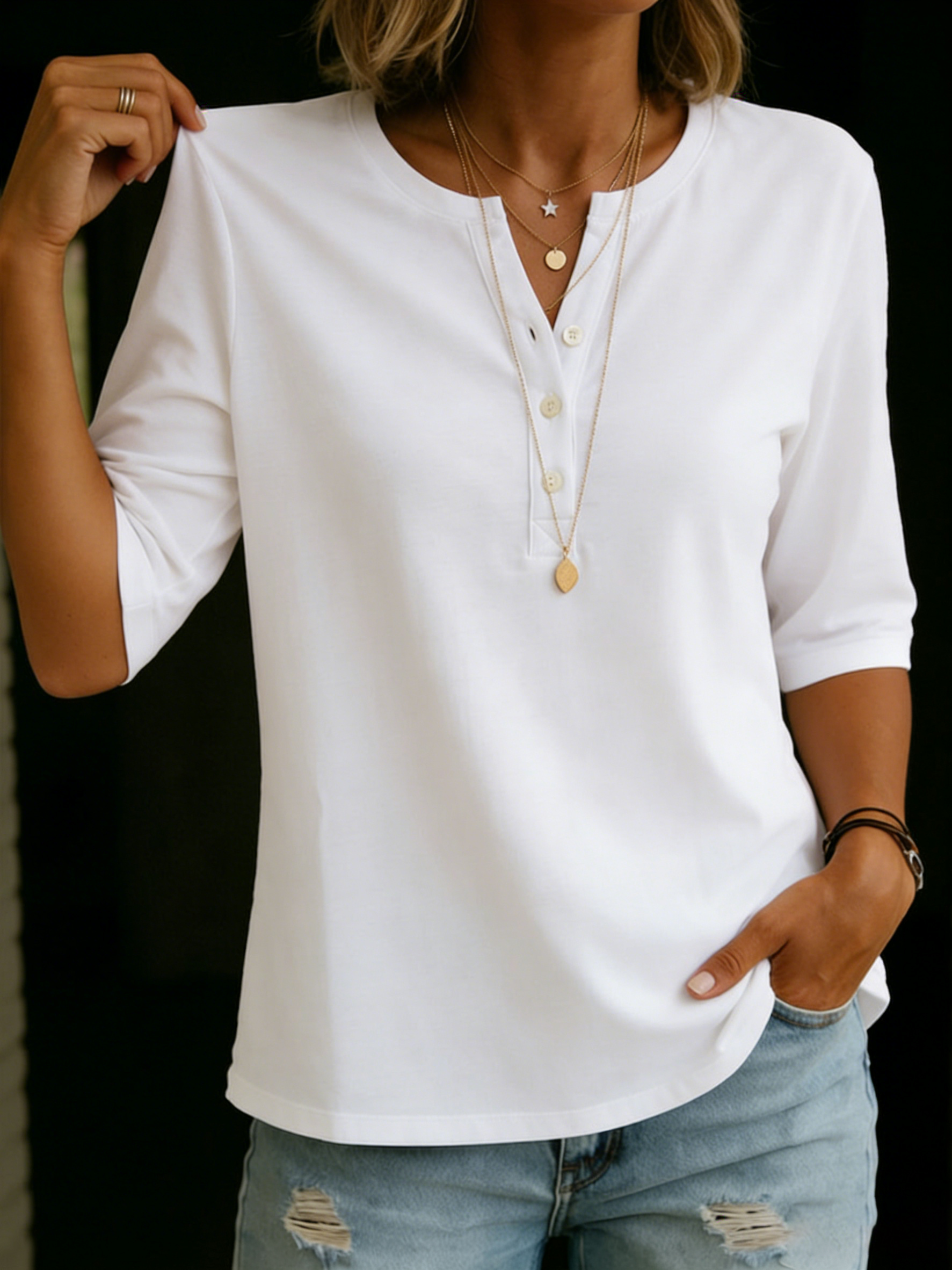 Women's Henley T-Shirt – 100% Cotton Casual Short Sleeve Top