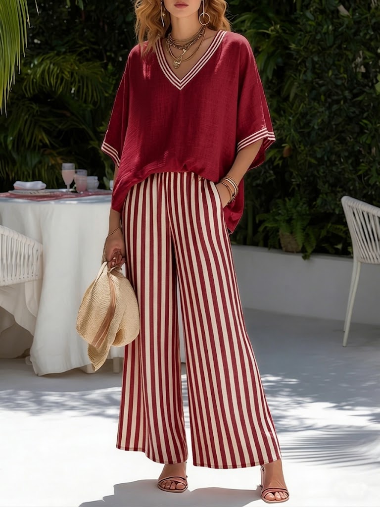 Women's Striped Linen Blend Two-Piece Set – Patchwork Top and Relaxed Trousers
