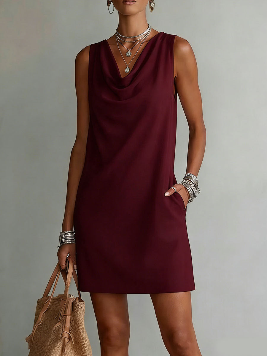Women's Draped Neck Sleeveless Cotton Dress – Casual Flowy Summer Dress