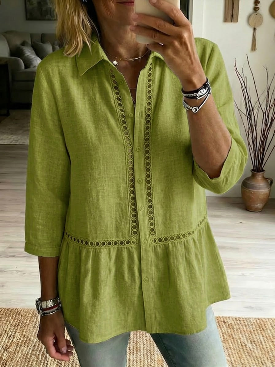 Women's Linen Blend Patchwork Shirt – Openwork Casual Summer Blouse