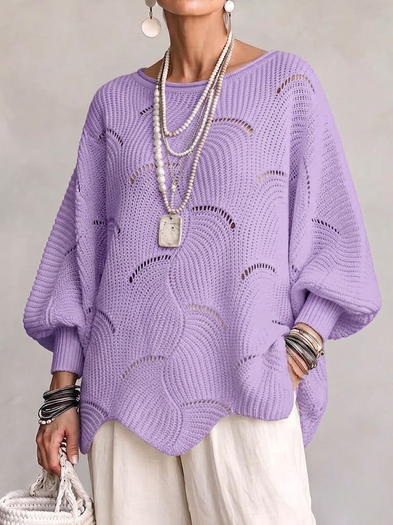 Women’s Open-Knit Wave Pattern Sweater – Soft Relaxed Pullover