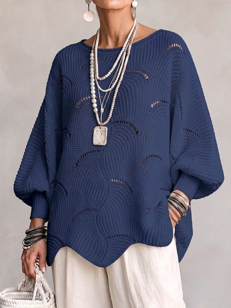 Women’s Open-Knit Wave Pattern Sweater – Soft Relaxed Pullover