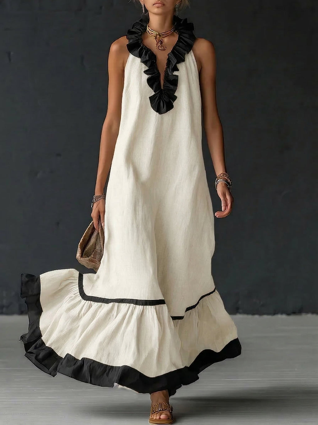 Women's Ruffled Color Block Maxi Dress – Romantic Flowy Summer Dress