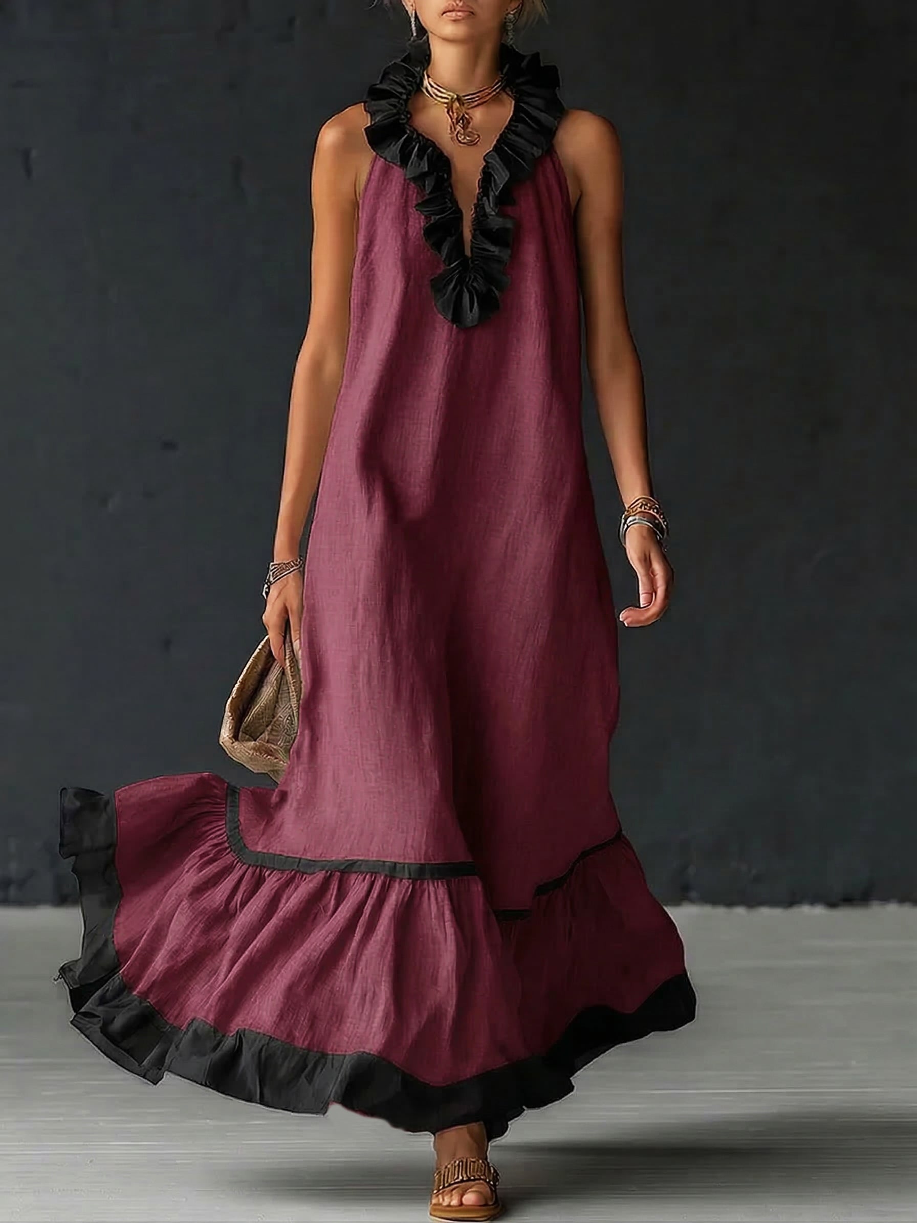 Women's Ruffled Color Block Maxi Dress – Romantic Flowy Summer Dress