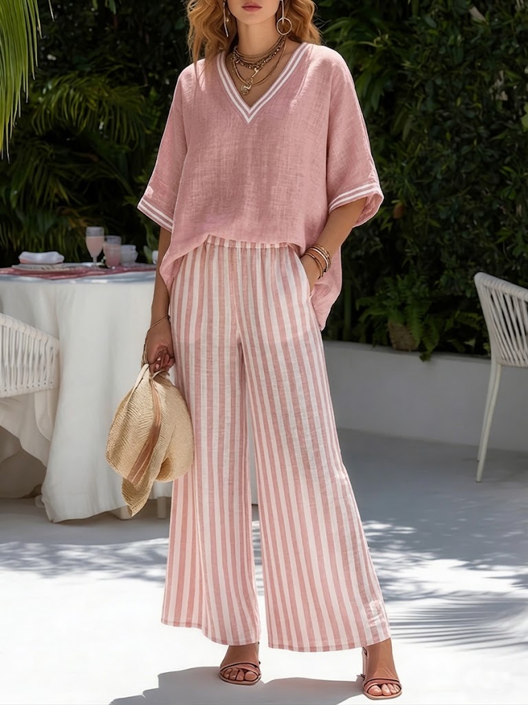 Women's Striped Linen Blend Two-Piece Set – Patchwork Top and Relaxed Trousers