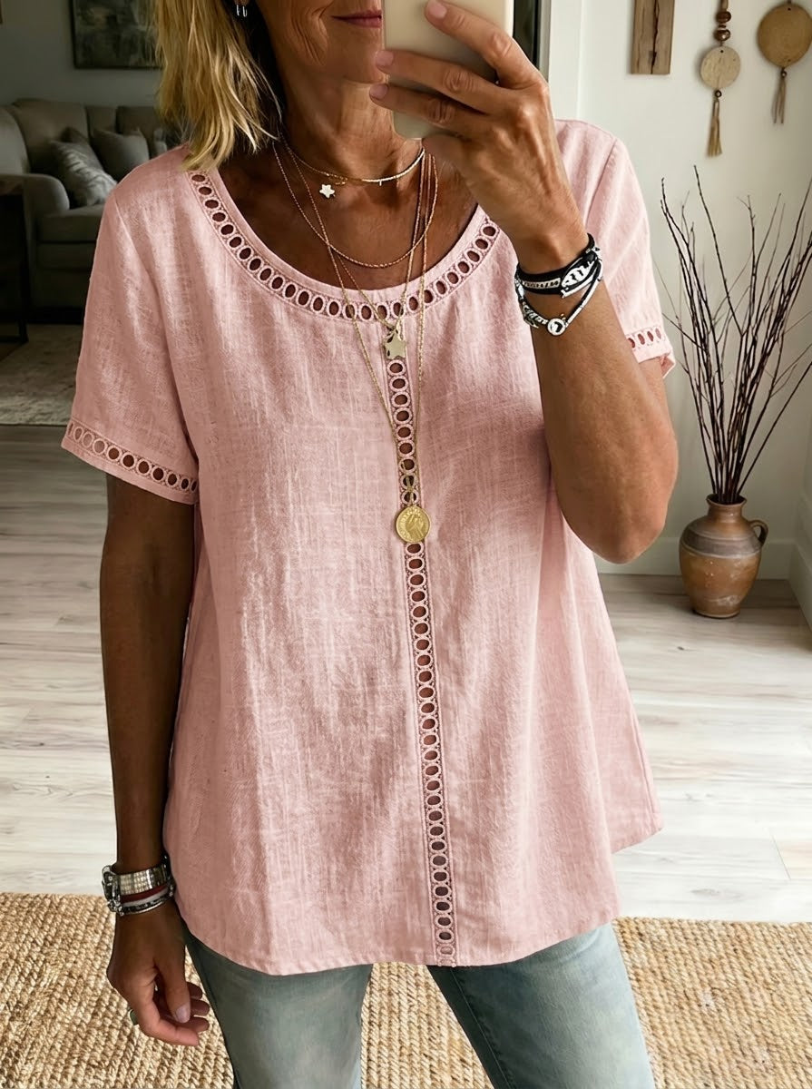 Women's Linen Blend Patchwork Top – Openwork Casual Summer Blouse