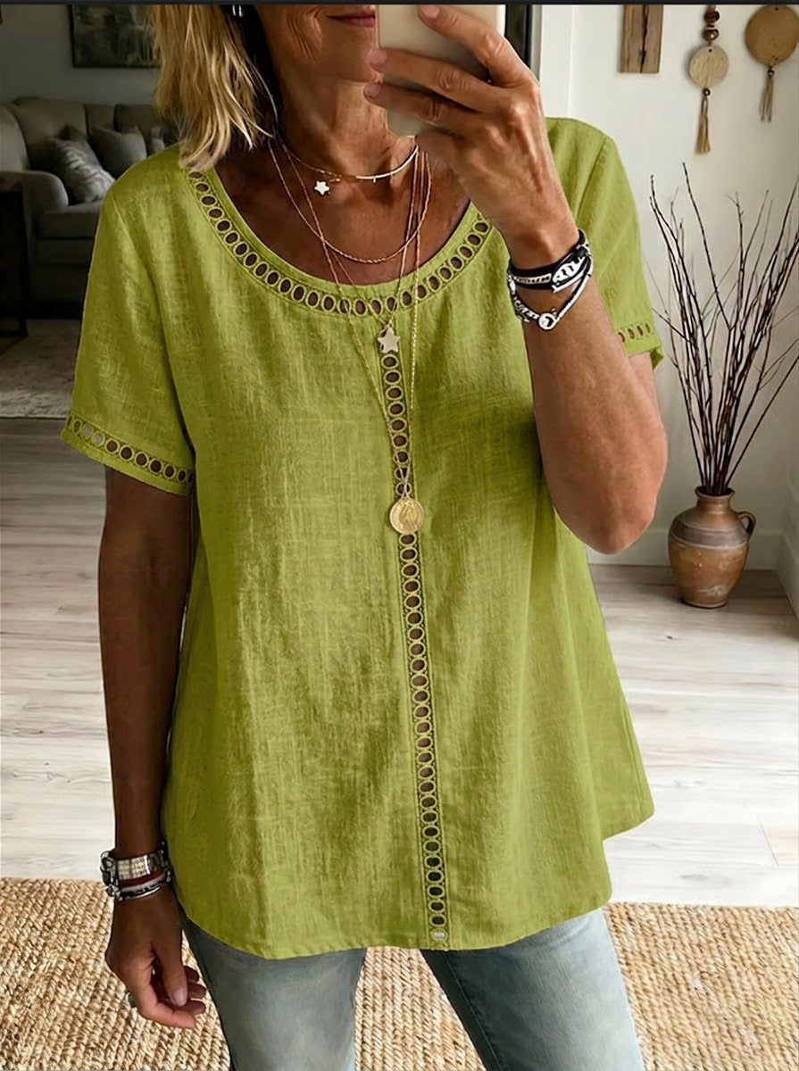 Women's Linen Blend Patchwork Top – Openwork Casual Summer Blouse
