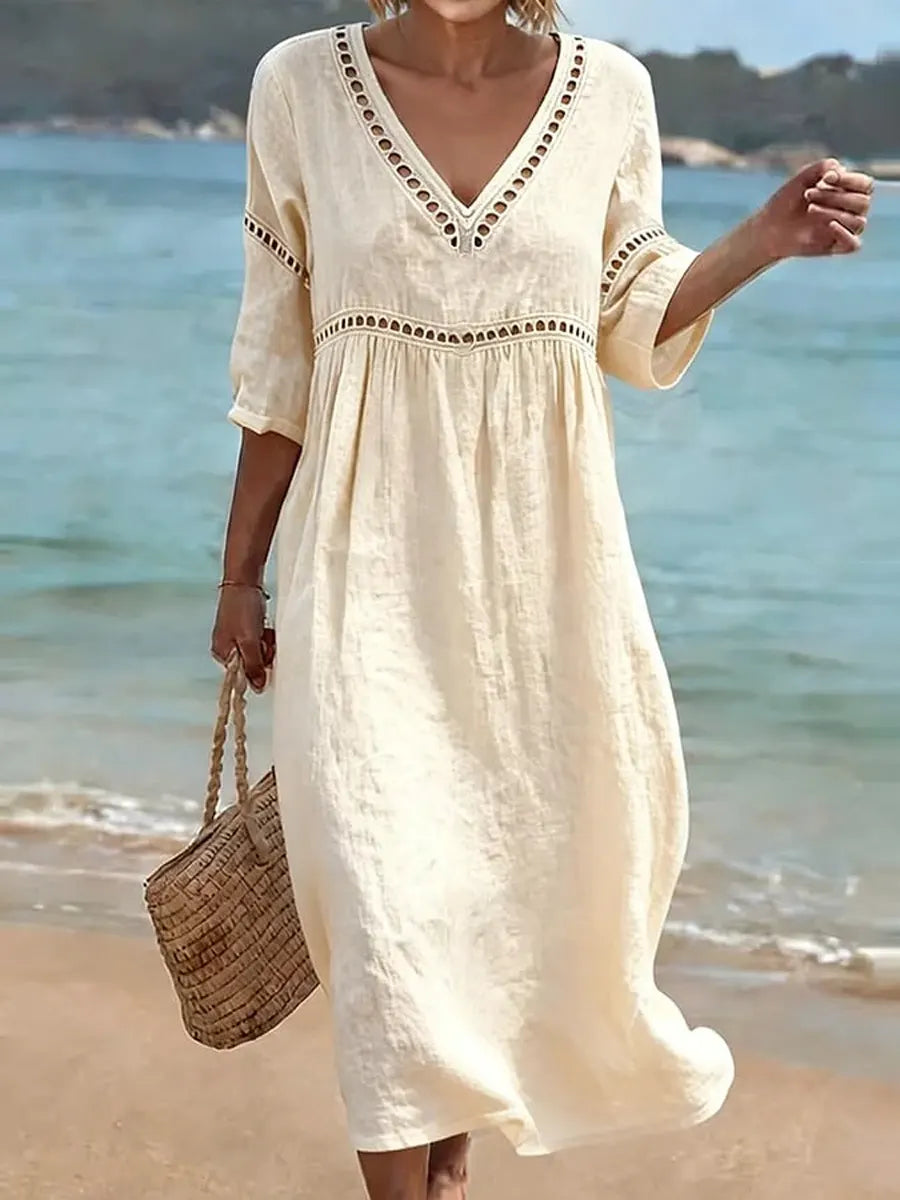 Women's Retro Casual Cotton Dress – Stylish Solid Color Vacation Dress