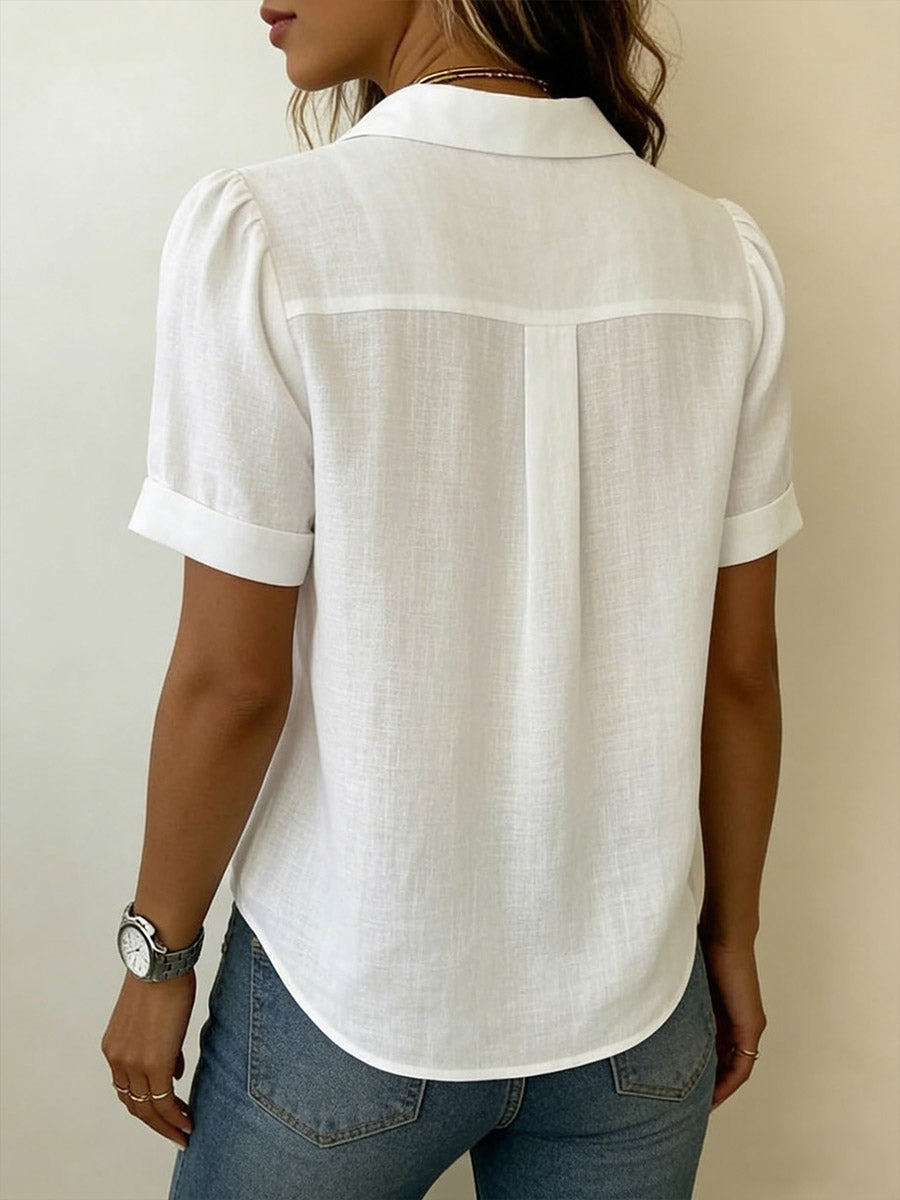 Women's Cotton Linen Lapel Shirt – Loose Pleated Short Sleeve Summer Blouse