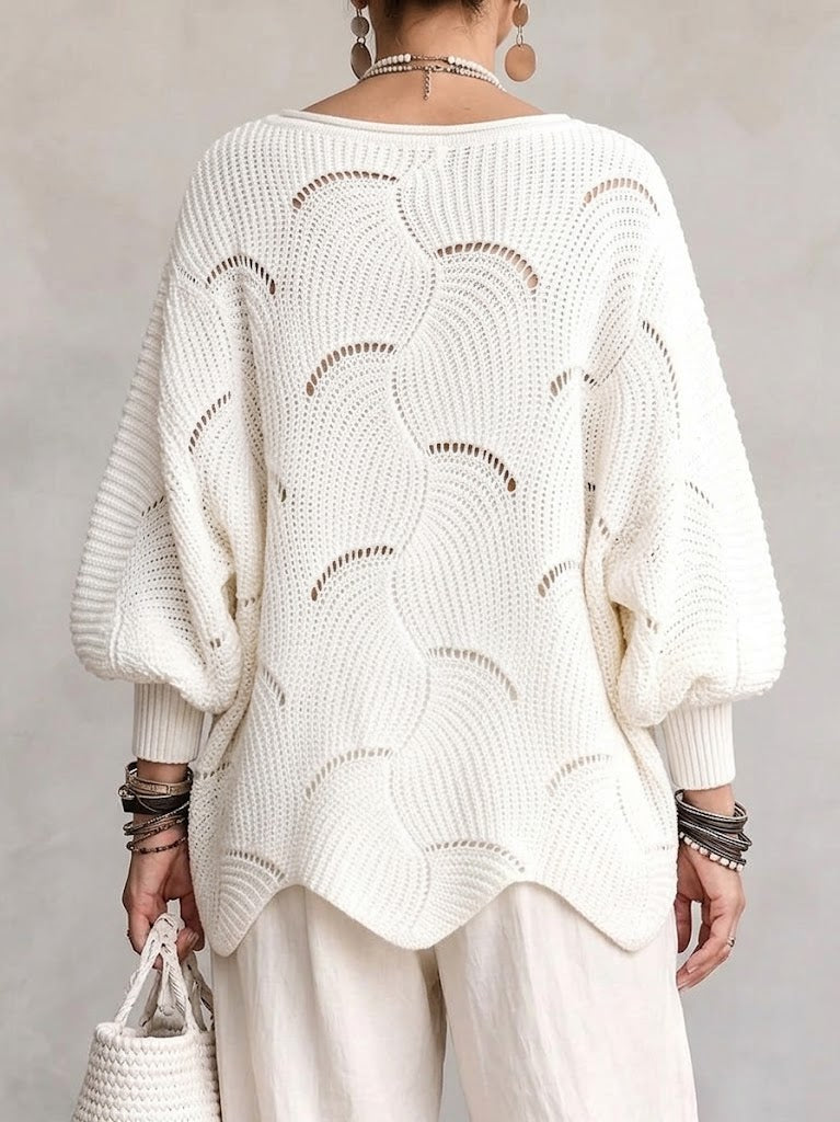 Women’s Open-Knit Wave Pattern Sweater – Soft Relaxed Pullover