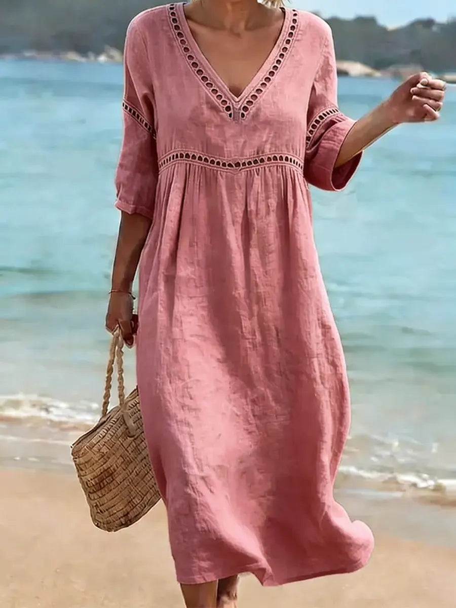 Women's Retro Casual Cotton Dress – Stylish Solid Color Vacation Dress