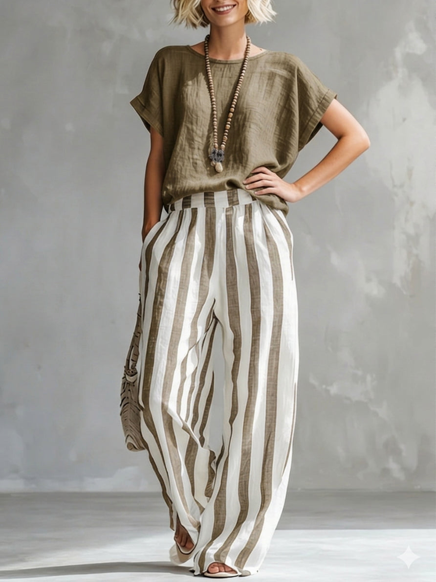 Women's Striped Cotton Linen Two-Piece Set – Loose Fit Lounge Outfit