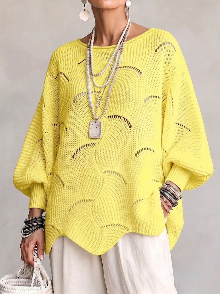 Women’s Open-Knit Wave Pattern Sweater – Soft Relaxed Pullover