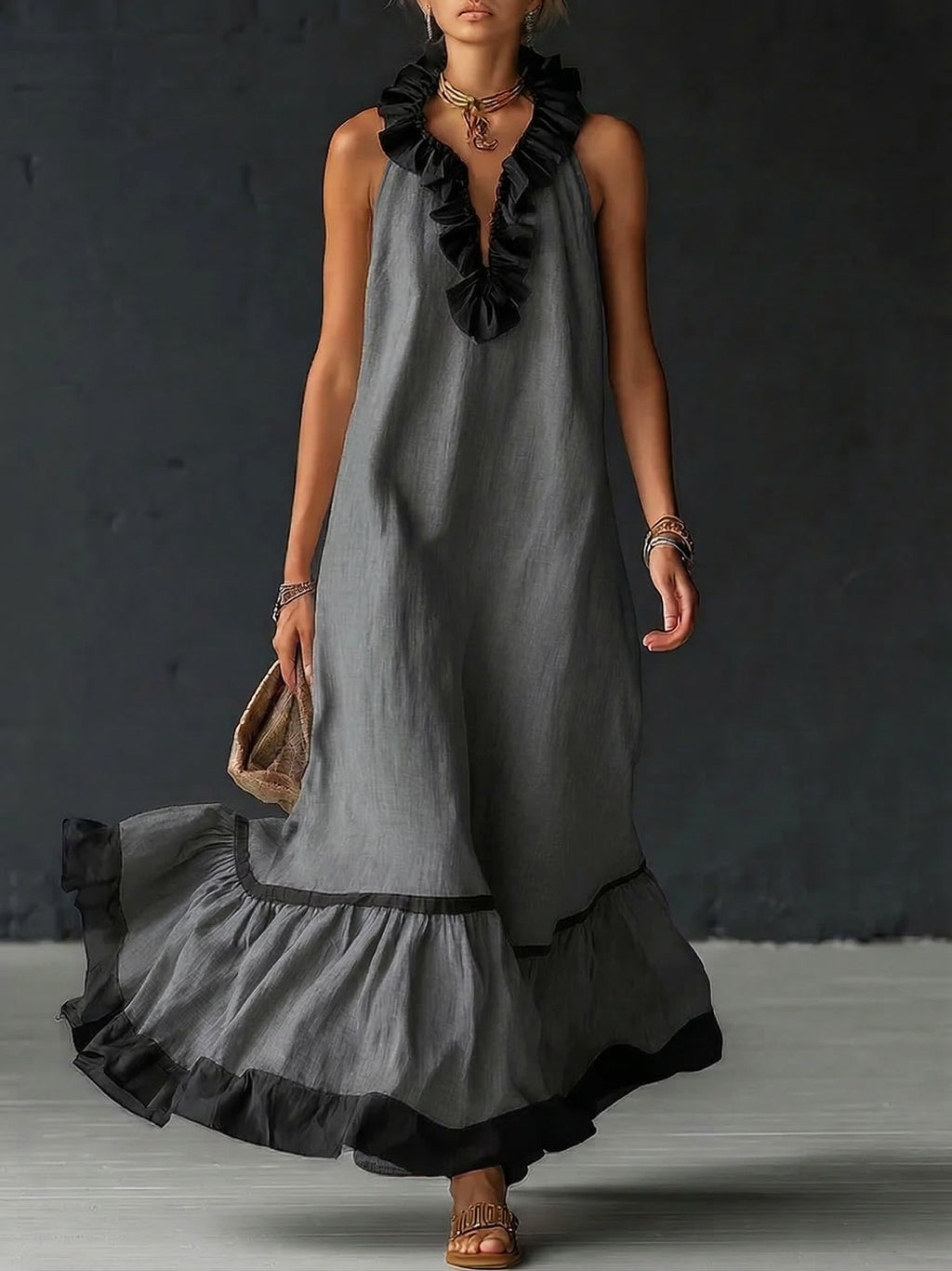 Women's Ruffled Color Block Maxi Dress – Romantic Flowy Summer Dress