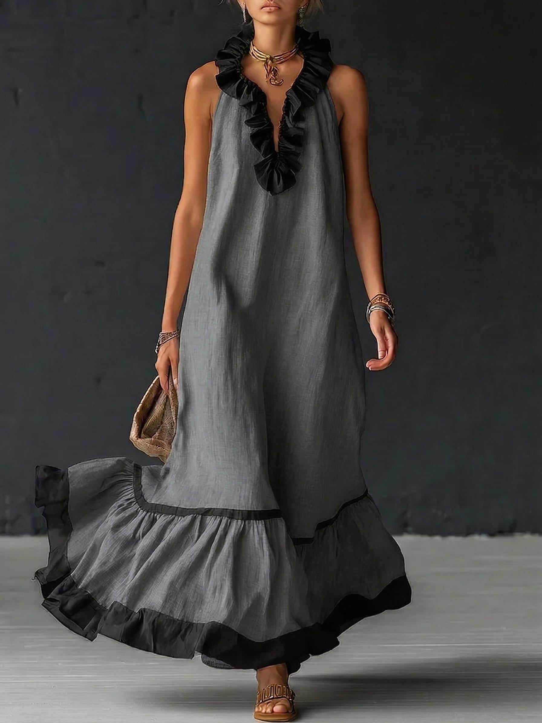 Women's Ruffled Color Block Maxi Dress – Romantic Flowy Summer Dress