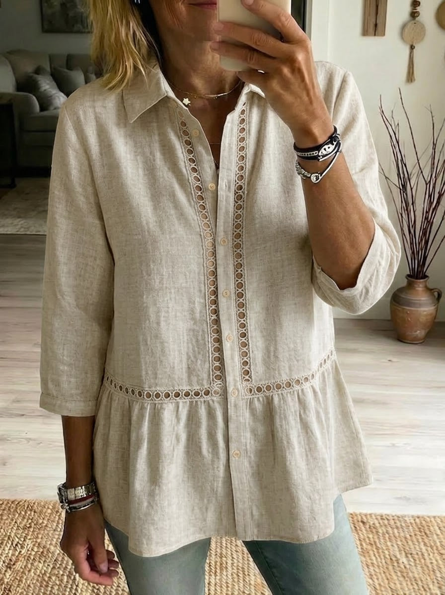 Women's Linen Blend Patchwork Shirt – Openwork Casual Summer Blouse