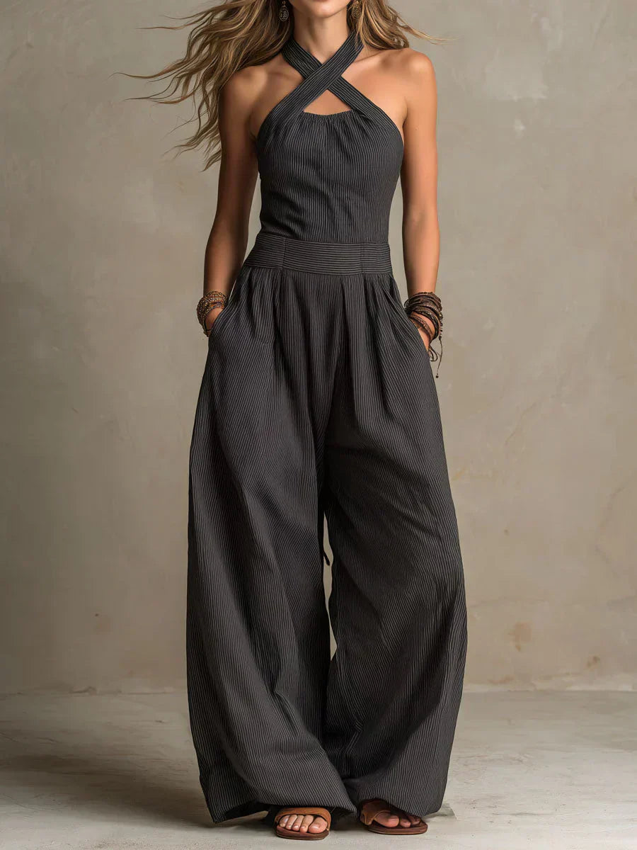 Women's Flowing Wide-Leg Jumpsuit - Elegant Feminine Occasion Style