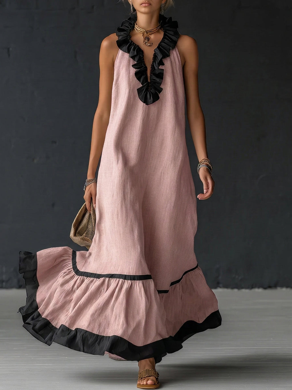 Women's Ruffled Color Block Maxi Dress – Romantic Flowy Summer Dress