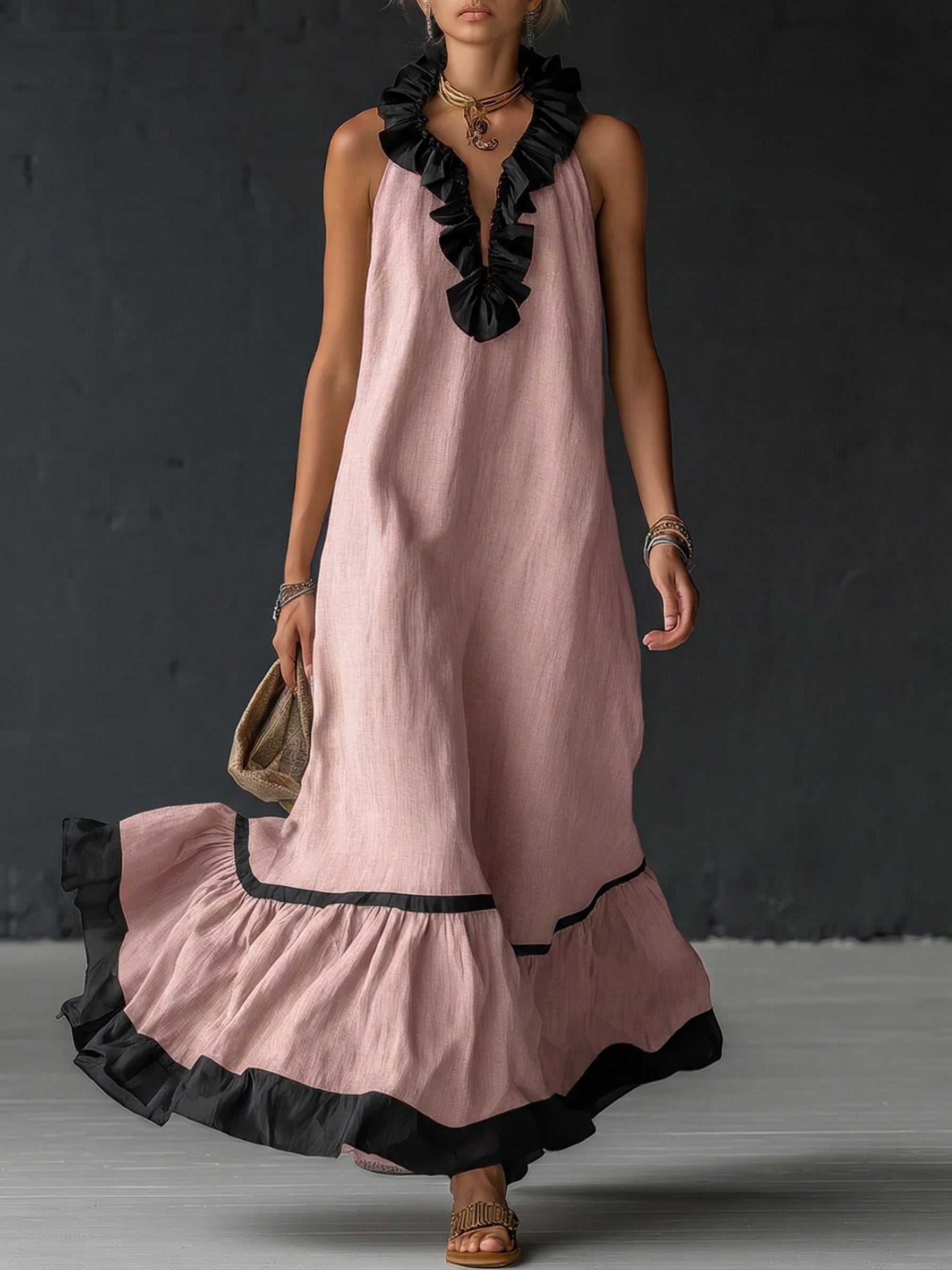 Women's Ruffled Color Block Maxi Dress – Romantic Flowy Summer Dress