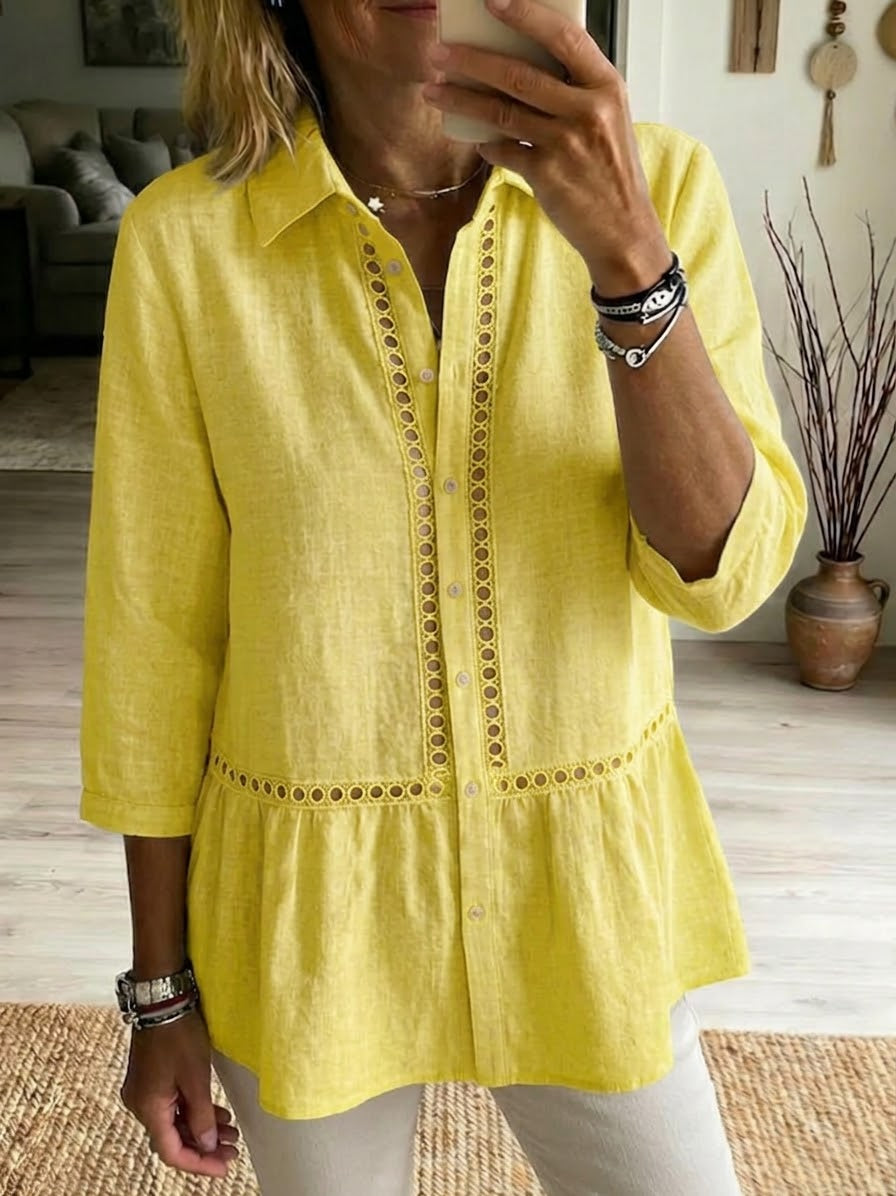 Women's Linen Blend Patchwork Shirt – Openwork Casual Summer Blouse