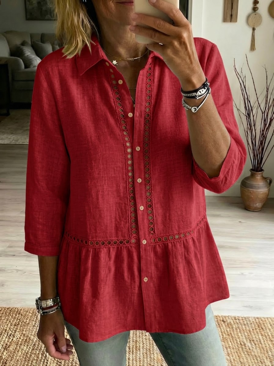 Women's Linen Blend Patchwork Shirt – Openwork Casual Summer Blouse