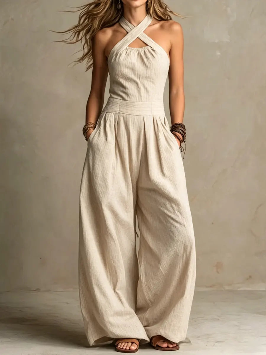 Women's Flowing Wide-Leg Jumpsuit - Elegant Feminine Occasion Style