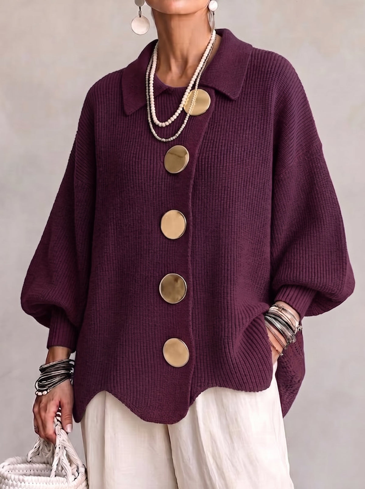 Gold-Button Knit Cardigan - Elegant and Soft