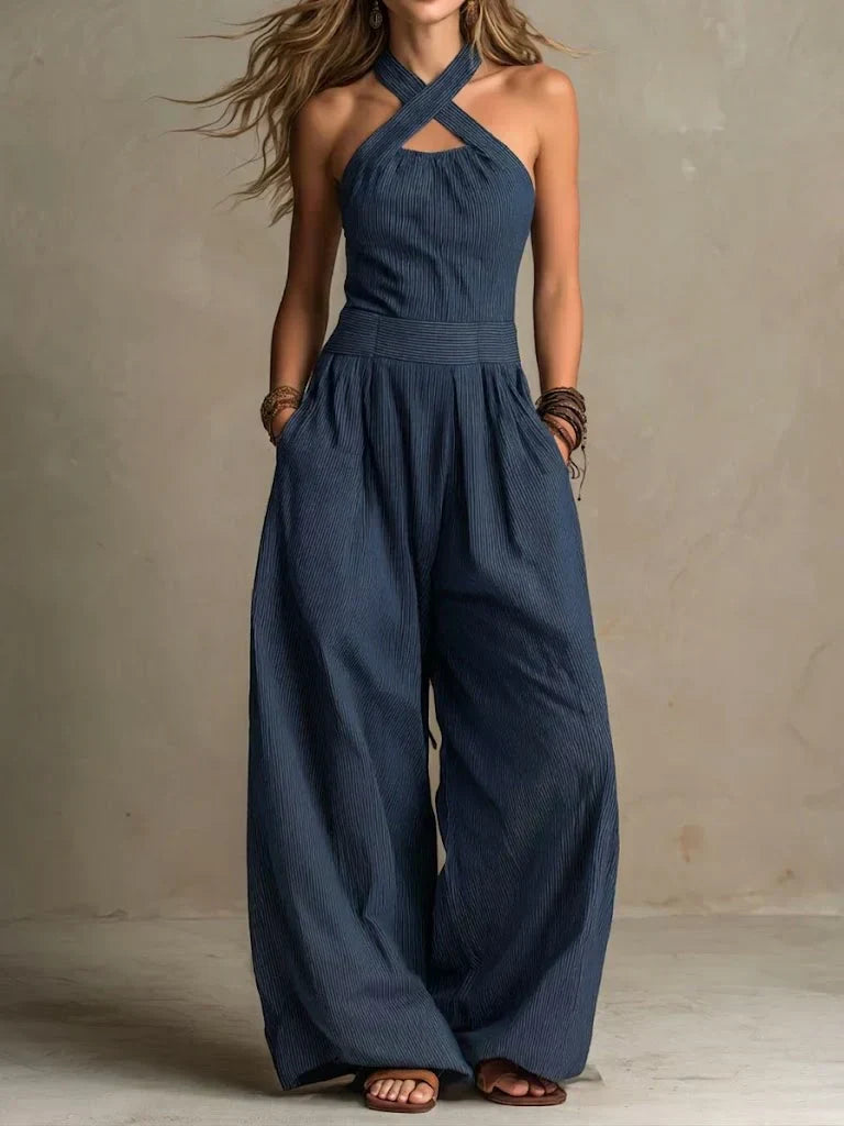 Women's Flowing Wide-Leg Jumpsuit - Elegant Feminine Occasion Style