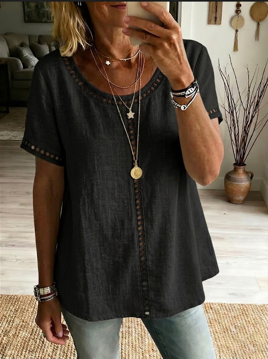 Women's Linen Blend Patchwork Top – Openwork Casual Summer Blouse