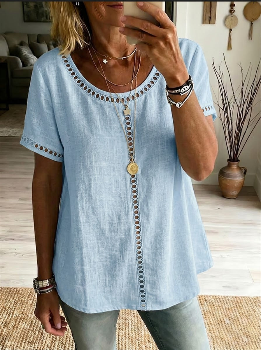 Women's Linen Blend Patchwork Top – Openwork Casual Summer Blouse