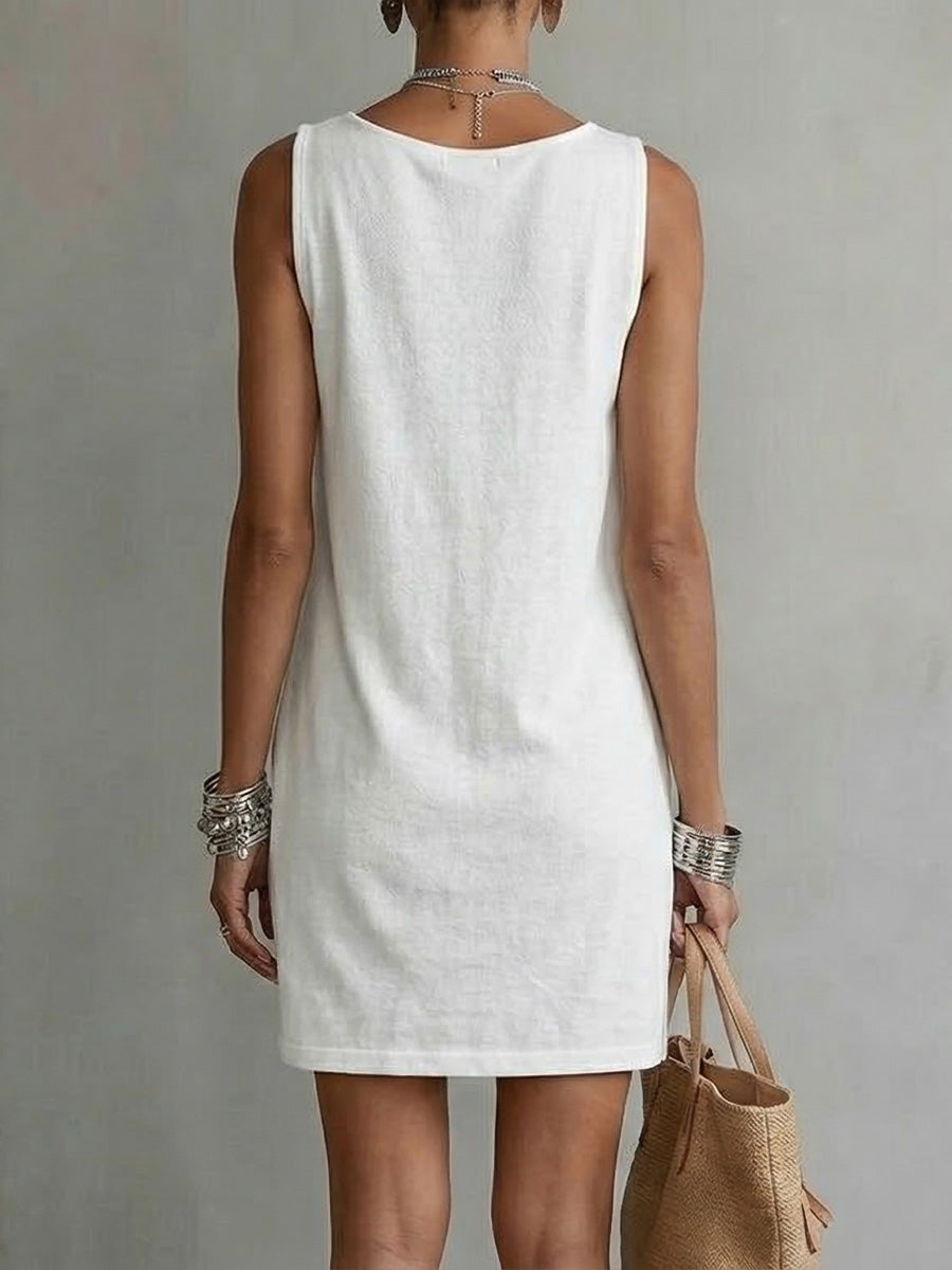 Women's Draped Neck Sleeveless Cotton Dress – Casual Flowy Summer Dress