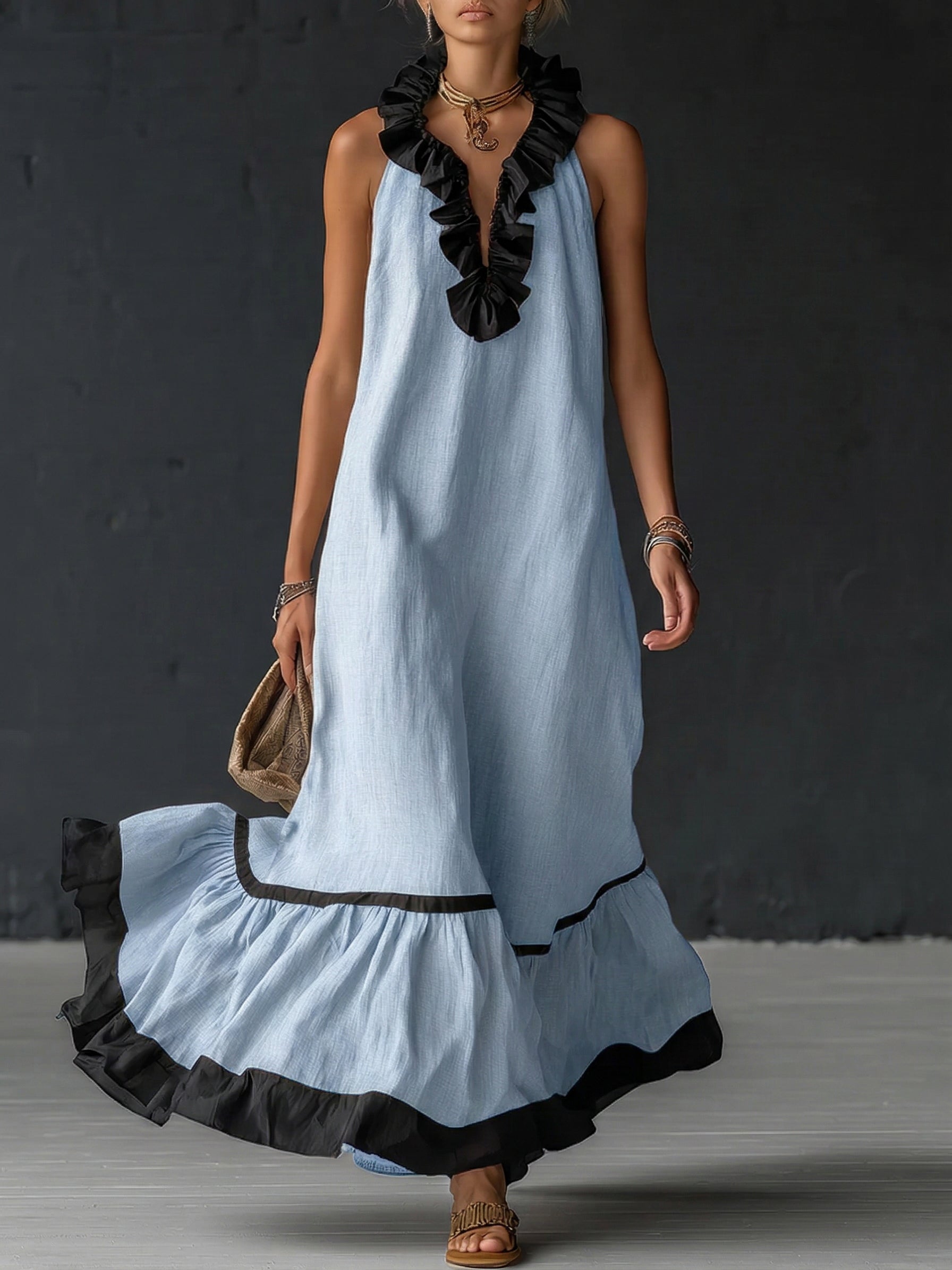 Women's Ruffled Color Block Maxi Dress – Romantic Flowy Summer Dress