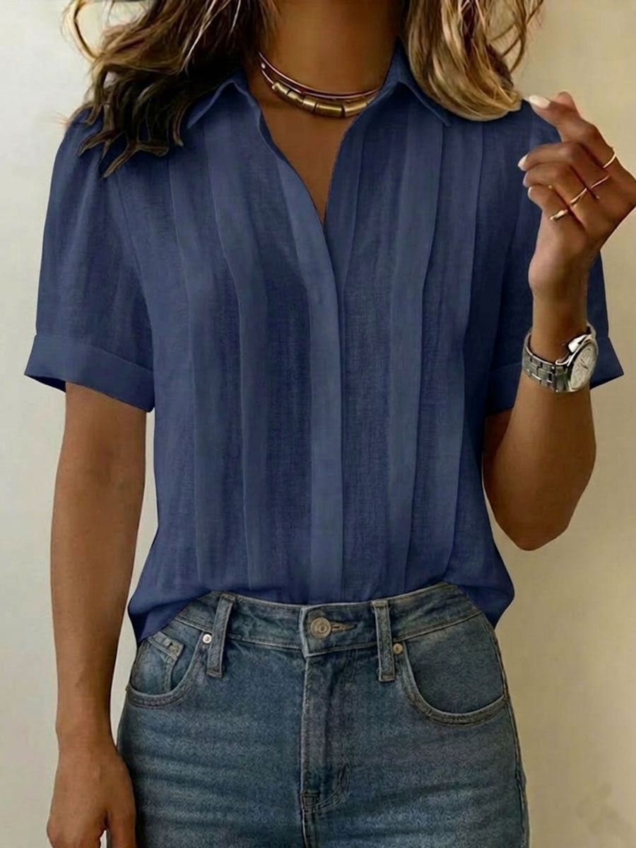 Women's Cotton Linen Lapel Shirt – Loose Pleated Short Sleeve Summer Blouse