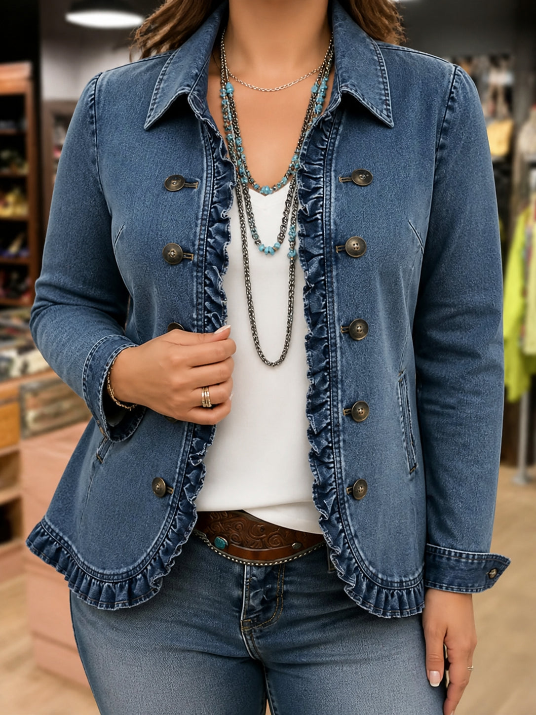 Denim Ruffle Jacket - Casual and Feminine