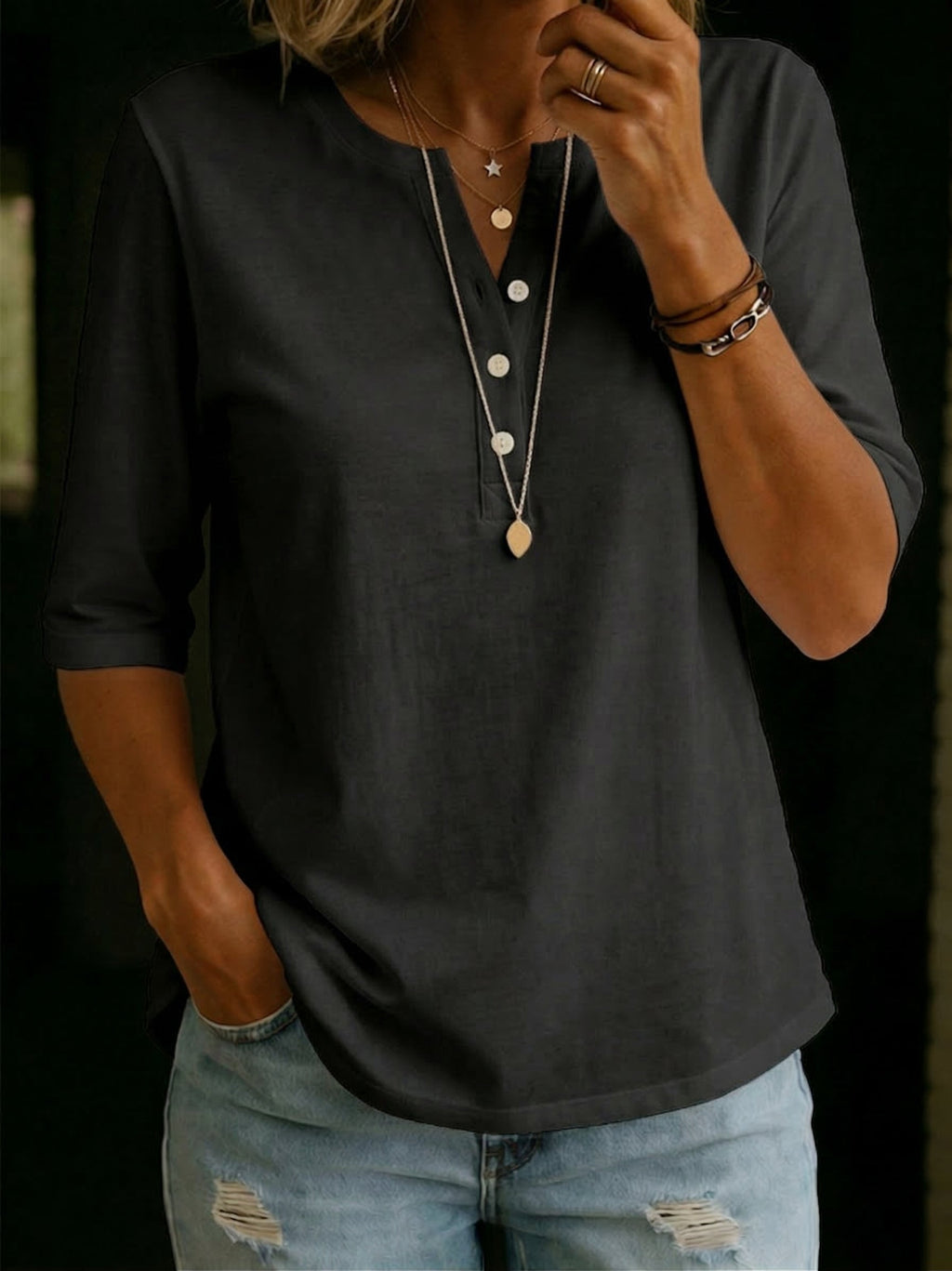 Women's Henley T-Shirt – 100% Cotton Casual Short Sleeve Top