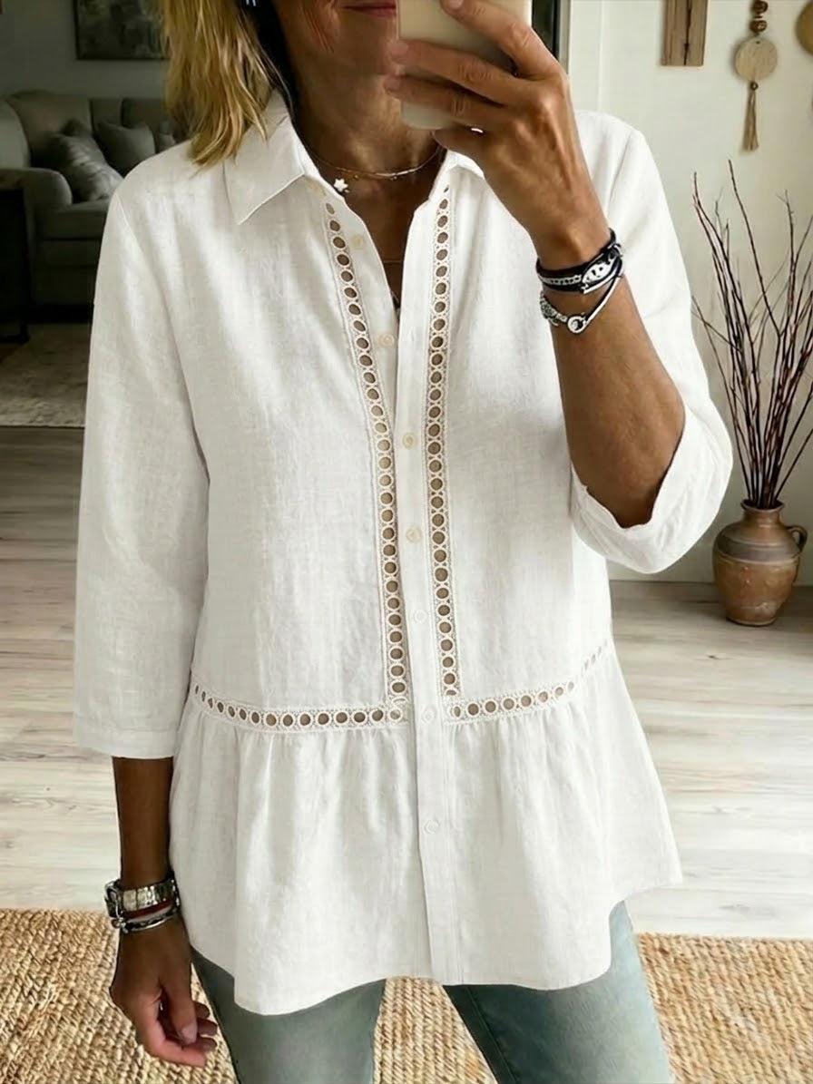 Women's Linen Blend Patchwork Shirt – Openwork Casual Summer Blouse