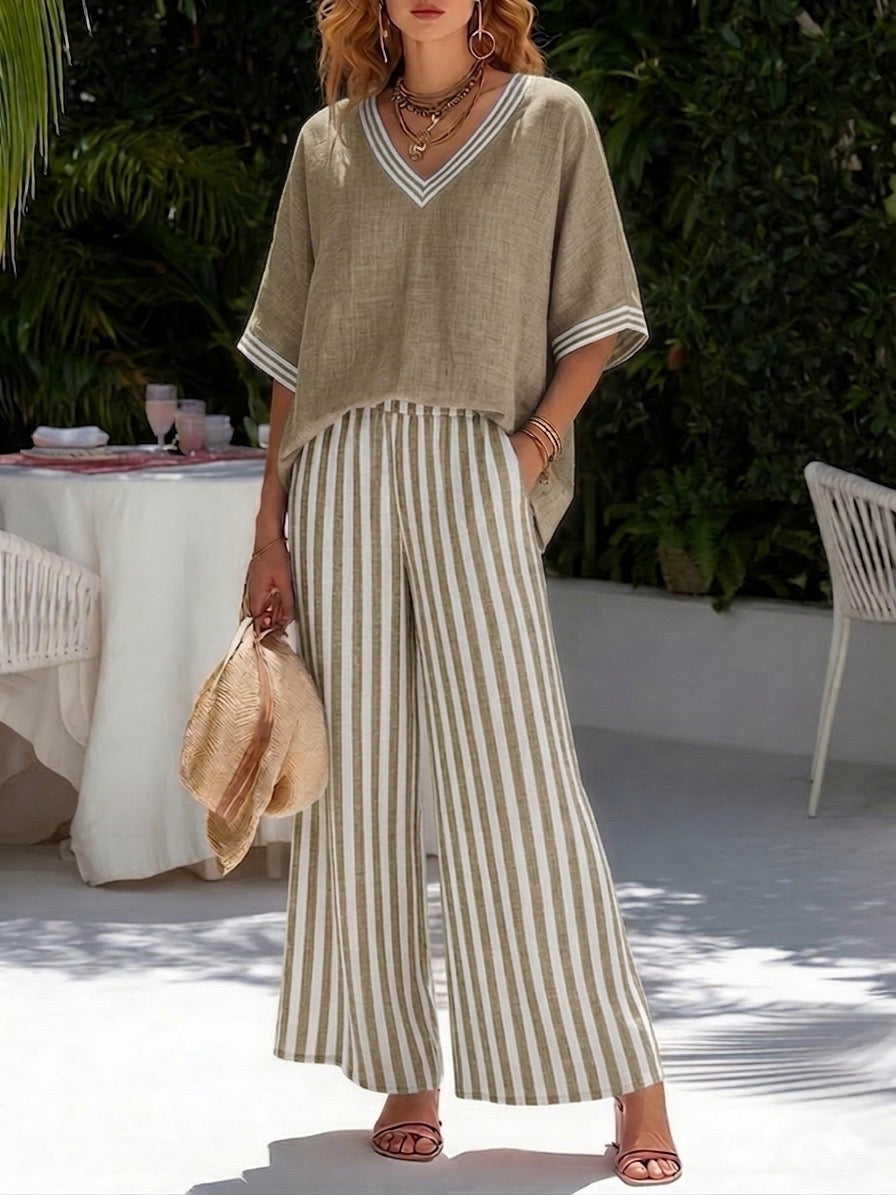 Women's Striped Linen Blend Two-Piece Set – Patchwork Top and Relaxed Trousers
