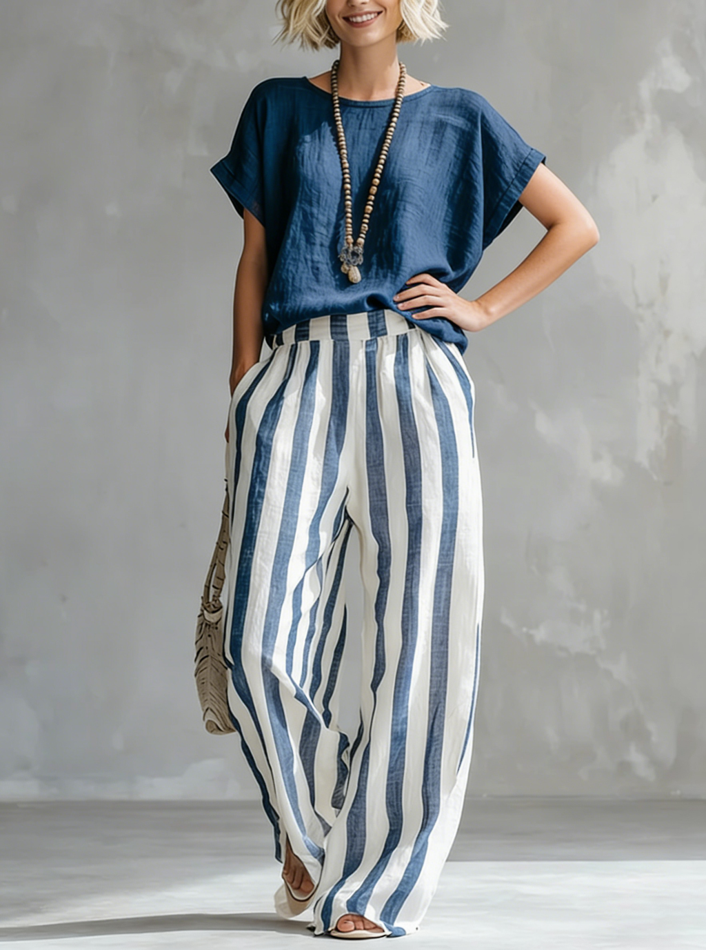 Women's Striped Cotton Linen Two-Piece Set – Loose Fit Lounge Outfit