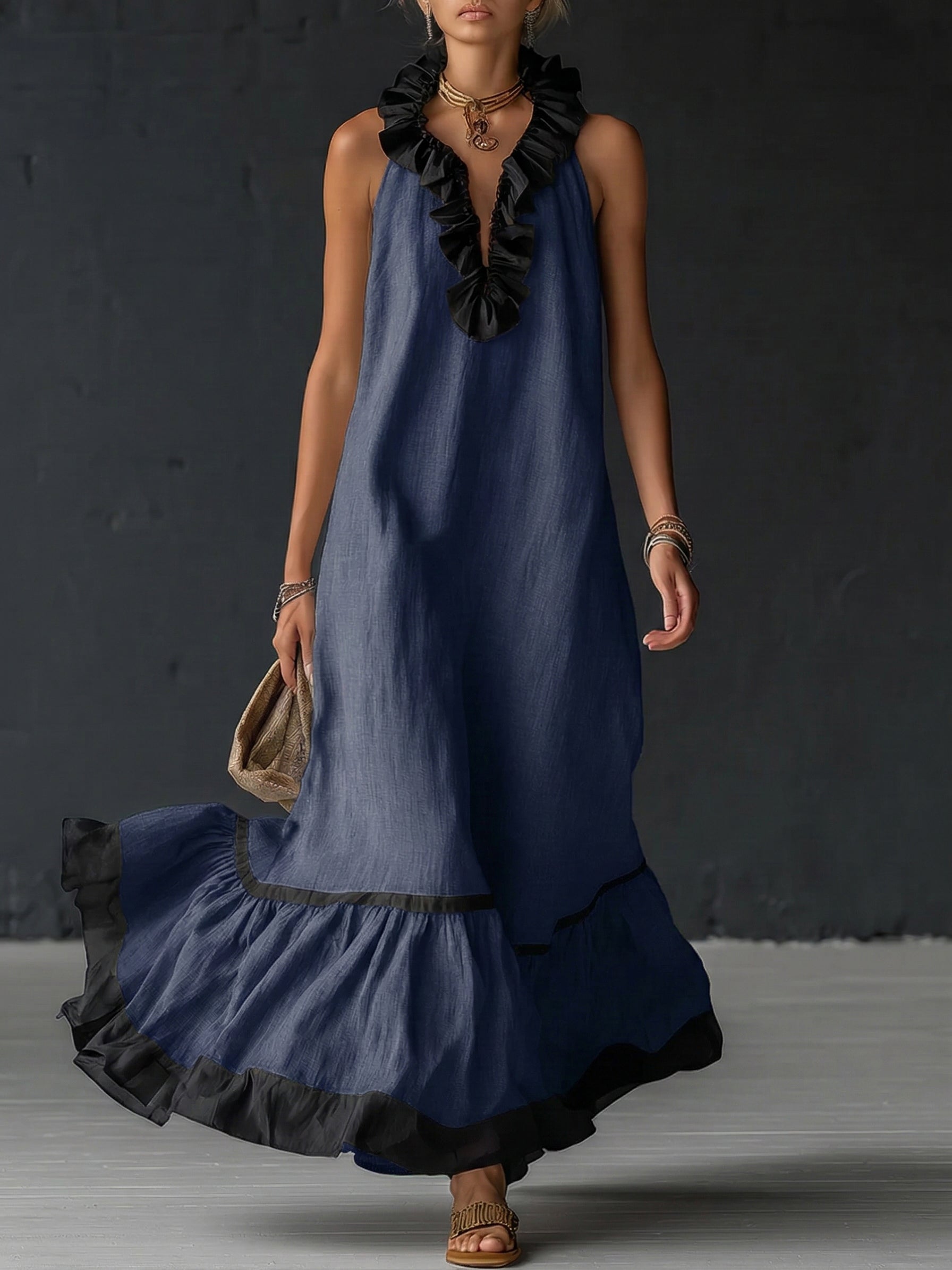 Women's Ruffled Color Block Maxi Dress – Romantic Flowy Summer Dress